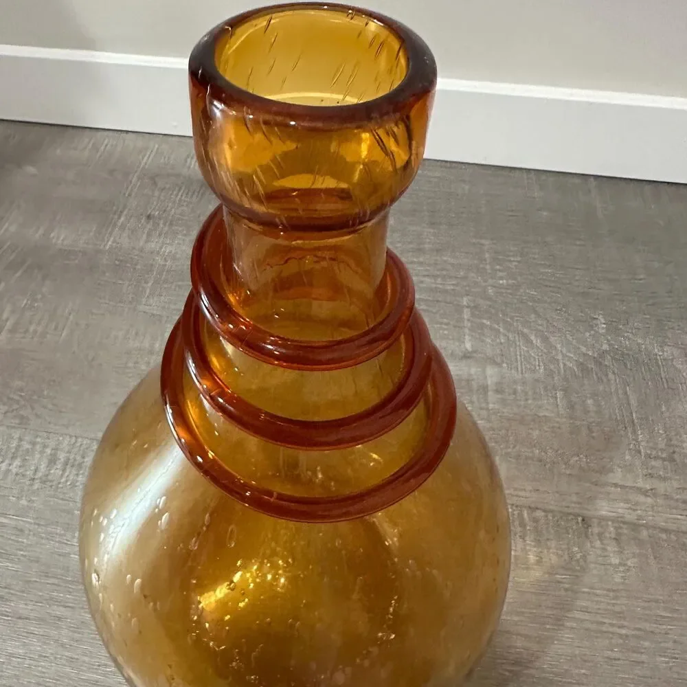 MCM Amber Thick Glass Bulbous Bottle Jug Vase Hand Blown Statement Centerpiece